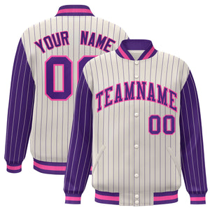 Custom Cream Purple Raglan Sleeves Varsity Full-Snap Pinstripe Letterman Baseball Jacket