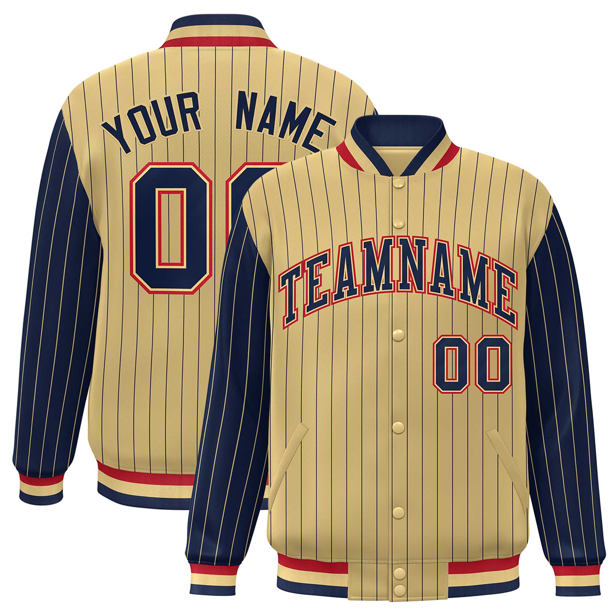 Custom Khaki Navy Raglan Sleeves Varsity Full-Snap Pinstripe Letterman Baseball Jacket