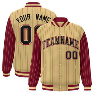 Custom Khaki Crimson Raglan Sleeves Varsity Full-Snap Pinstripe Letterman Baseball Jacket