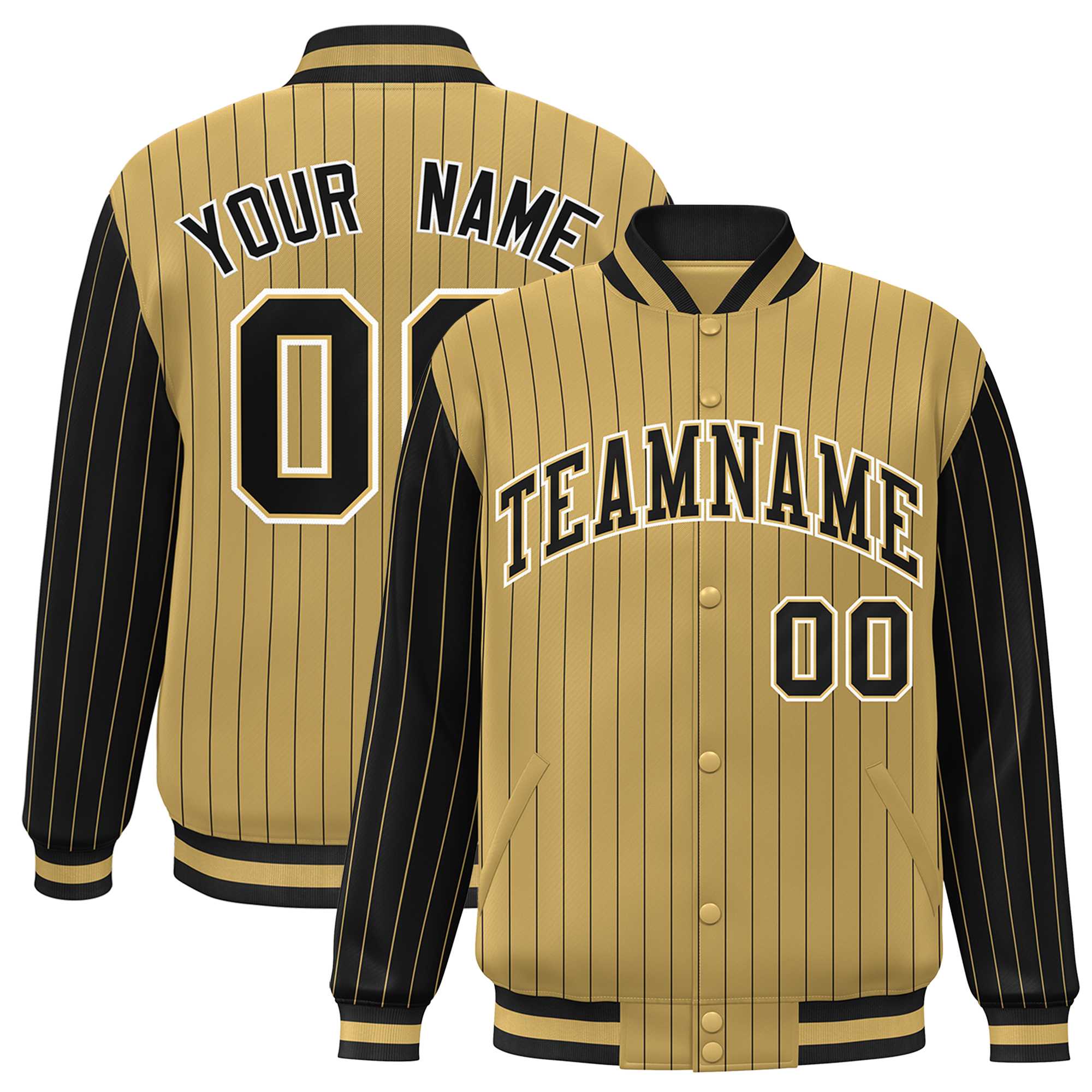 Custom Old Gold Black Raglan Sleeves Varsity Full-Snap Pinstripe Letterman Baseball Jacket