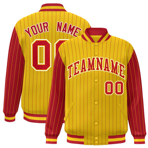 Custom Gold Red Raglan Sleeves Varsity Full-Snap Pinstripe Letterman Baseball Jacket