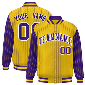 Custom Gold Purple Raglan Sleeves Varsity Full-Snap Pinstripe Letterman Baseball Jacket