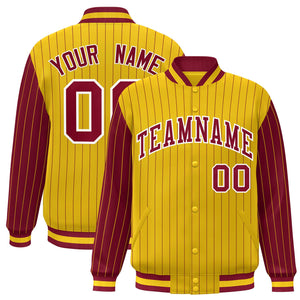 Custom Gold Crimson Raglan Sleeves Varsity Full-Snap Pinstripe Letterman Baseball Jacket