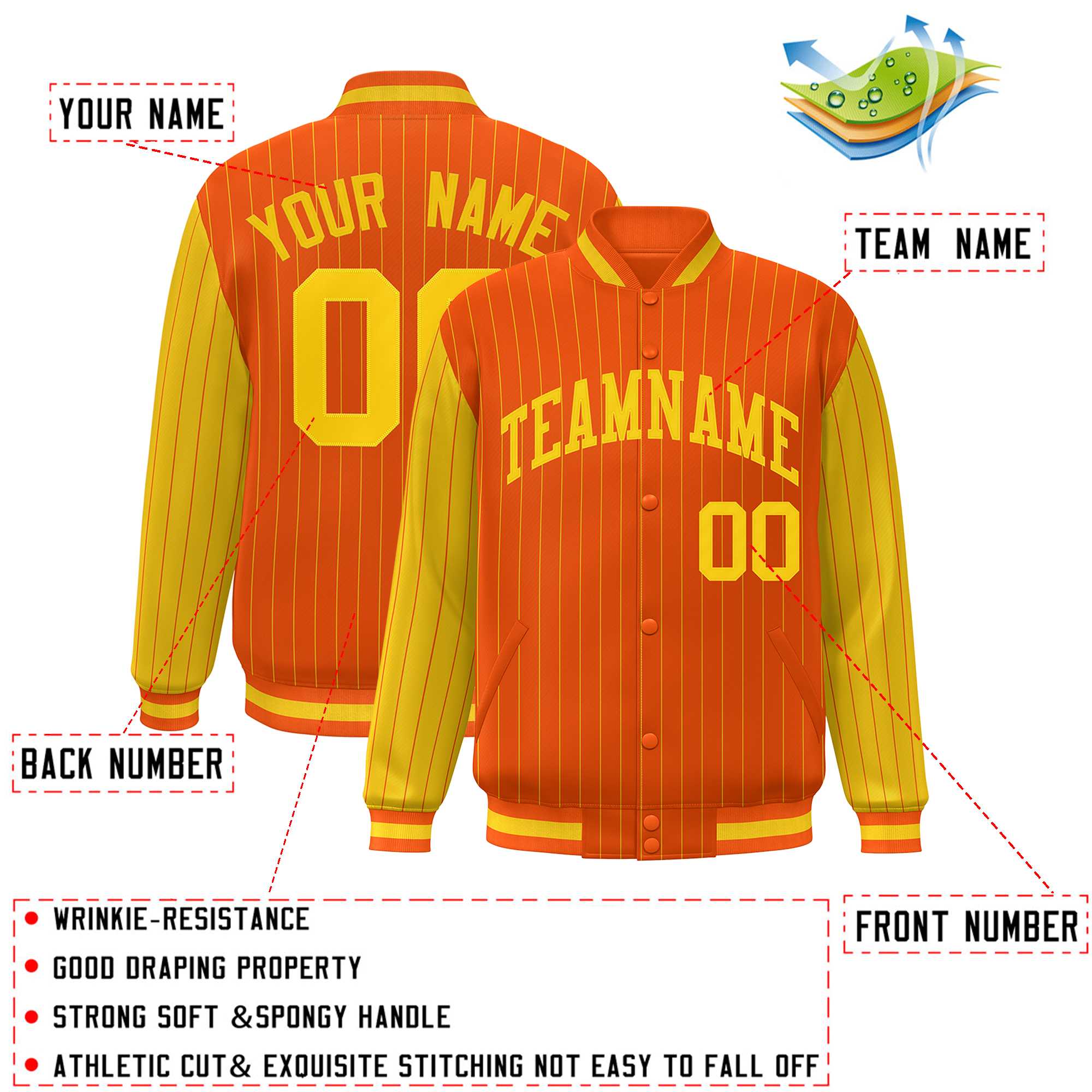 Custom Orange Gold Raglan Sleeves Varsity Full-Snap Pinstripe Letterman Baseball Jacket