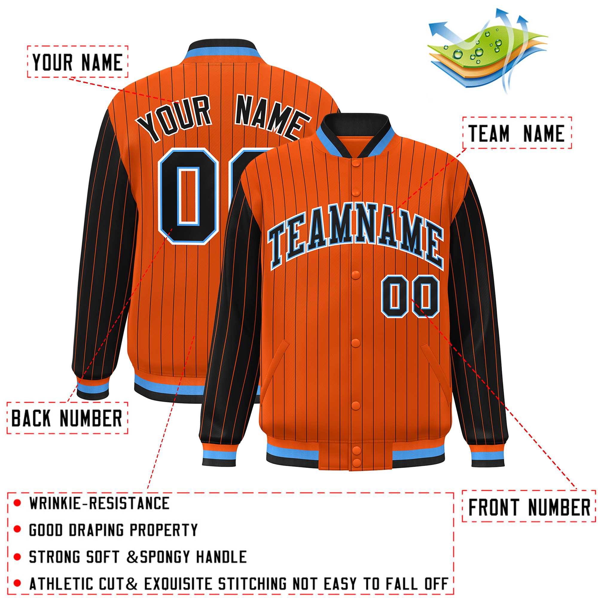 Custom Orange Black Raglan Sleeves Varsity Full-Snap Pinstripe Letterman Baseball Jacket