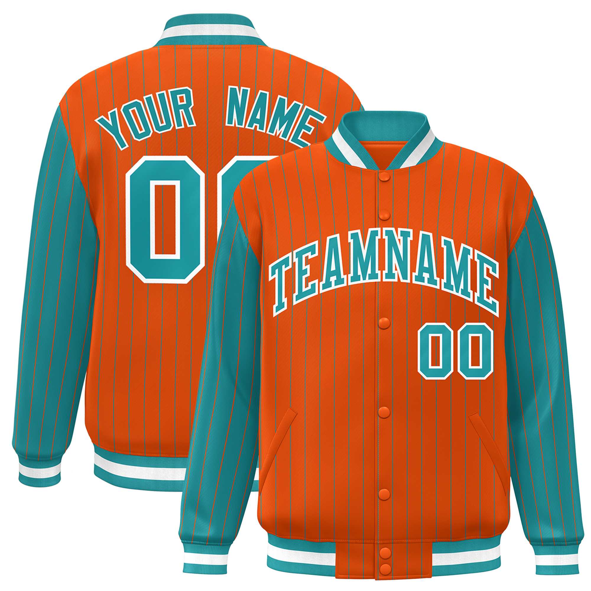 Custom Orange Aqua Raglan Sleeves Varsity Full-Snap Pinstripe Letterman Baseball Jacket