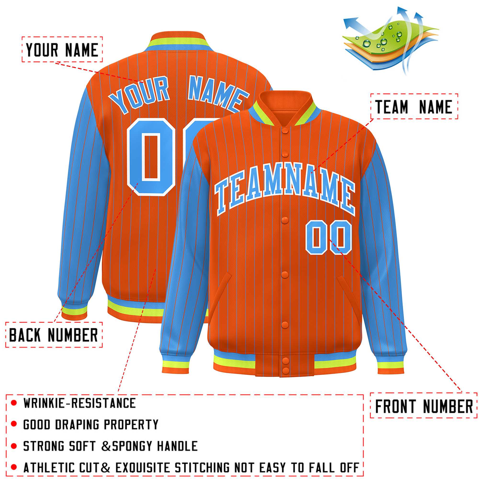 Custom Orange Powder Blue Raglan Sleeves Varsity Full-Snap Pinstripe Letterman Baseball Jacket