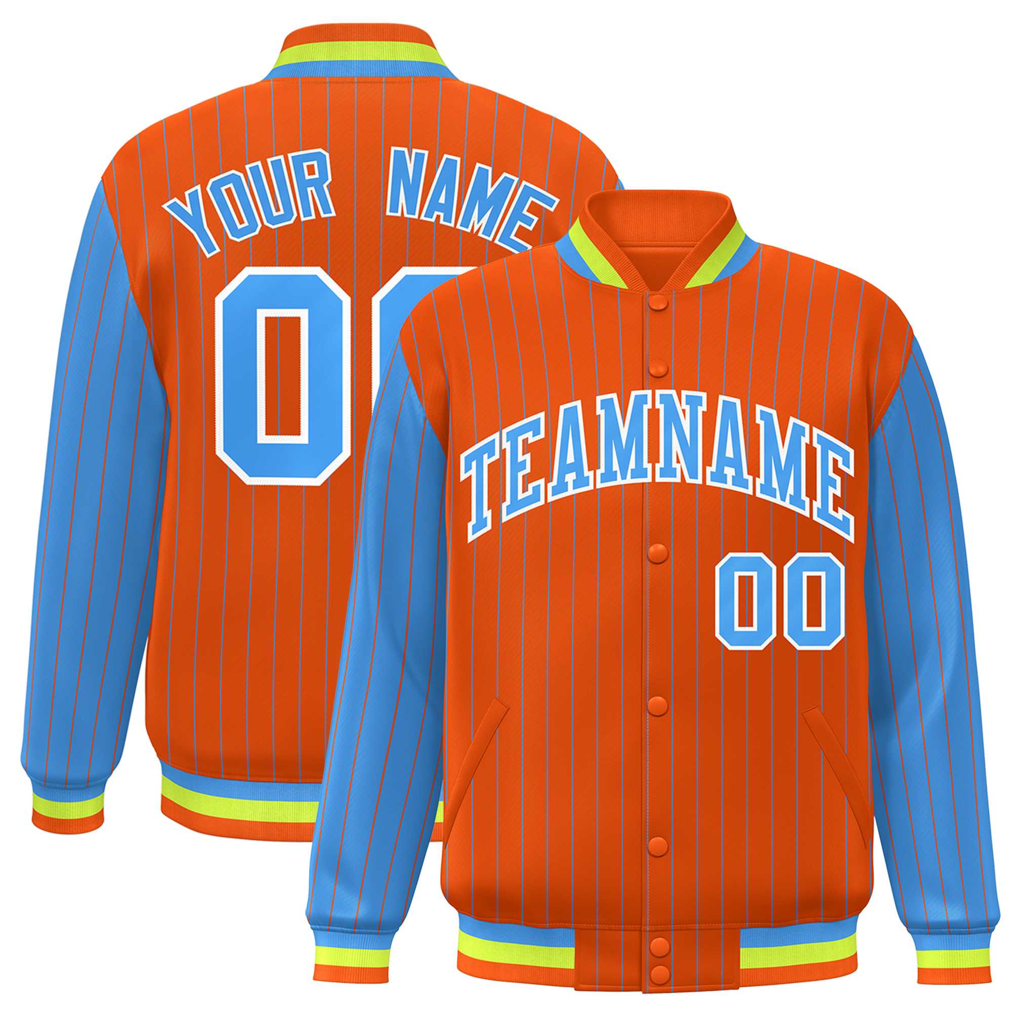 Custom Orange Powder Blue Raglan Sleeves Varsity Full-Snap Pinstripe Letterman Baseball Jacket