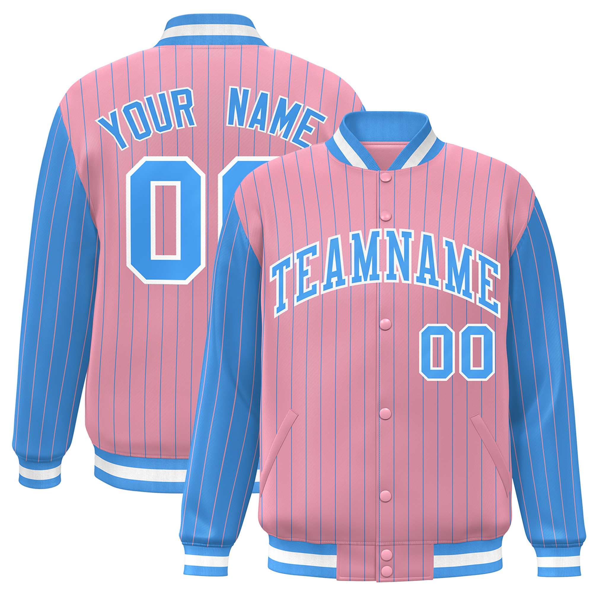 Custom Light Pink Powder Blue Raglan Sleeves Varsity Full-Snap Pinstripe Letterman Baseball Jacket