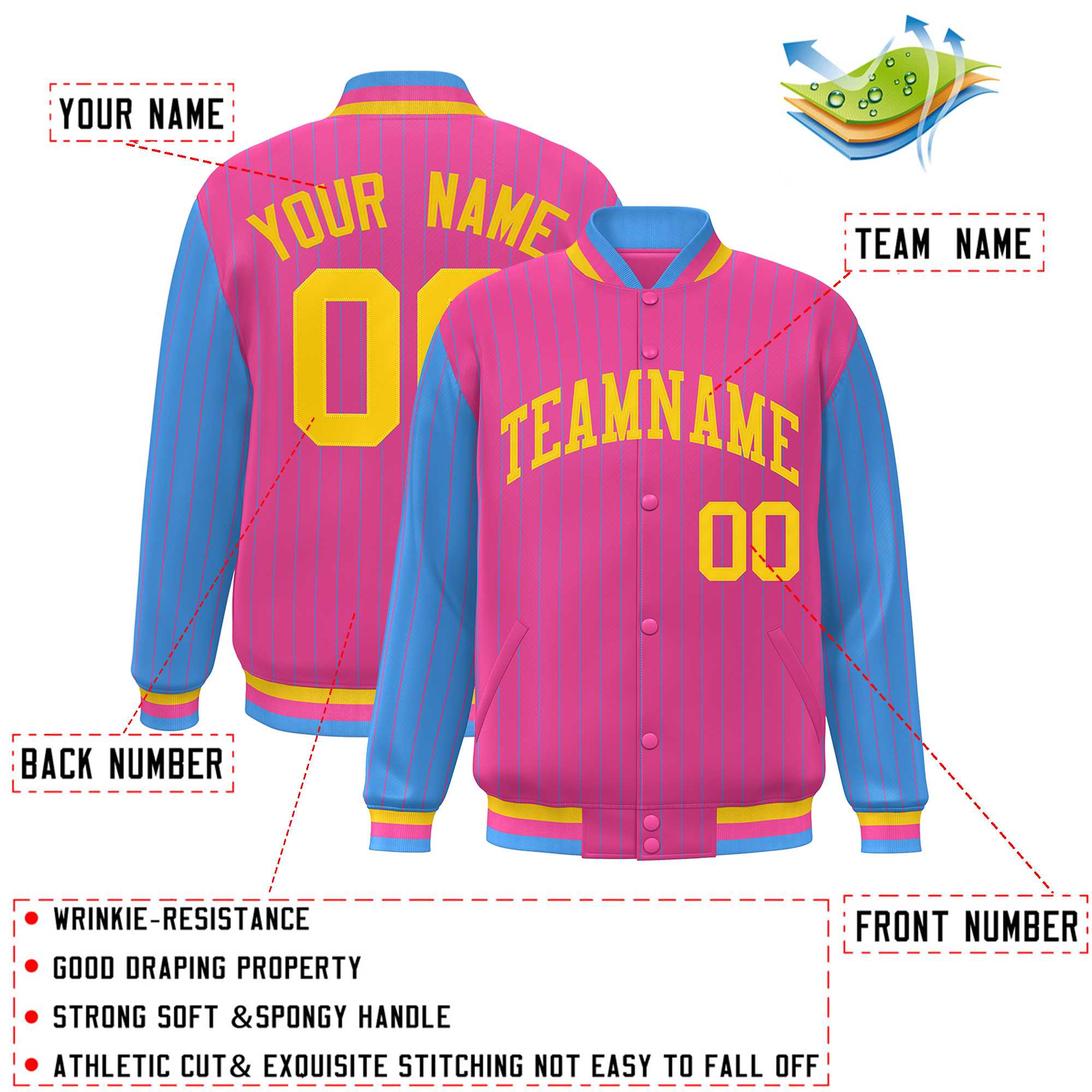 Custom Pink Powder Blue Raglan Sleeves Varsity Full-Snap Pinstripe Letterman Baseball Jacket