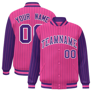 Custom Pink Purple Raglan Sleeves Varsity Full-Snap Pinstripe Letterman Baseball Jacket