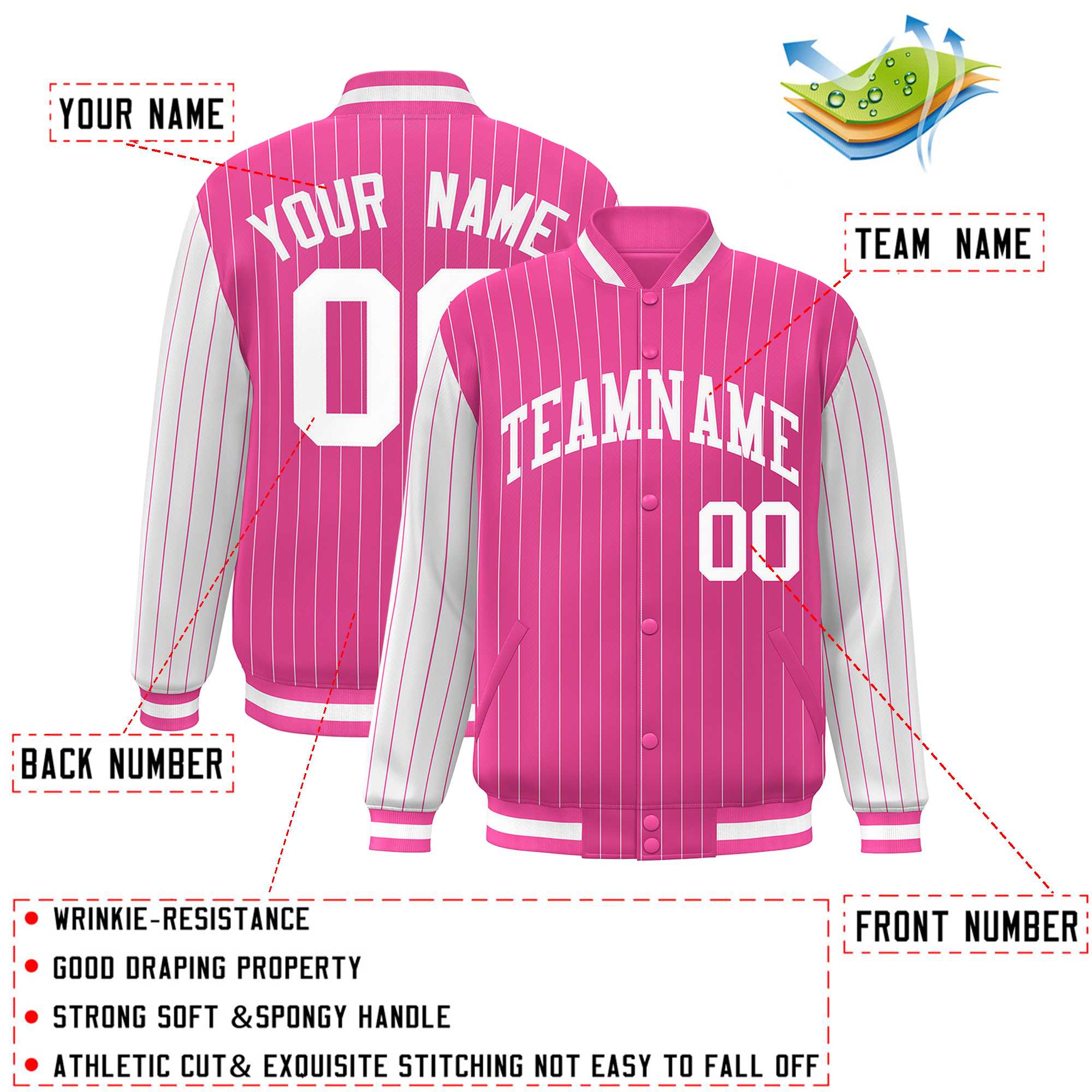 Custom Pink White Raglan Sleeves Varsity Full-Snap Pinstripe Letterman Baseball Jacket