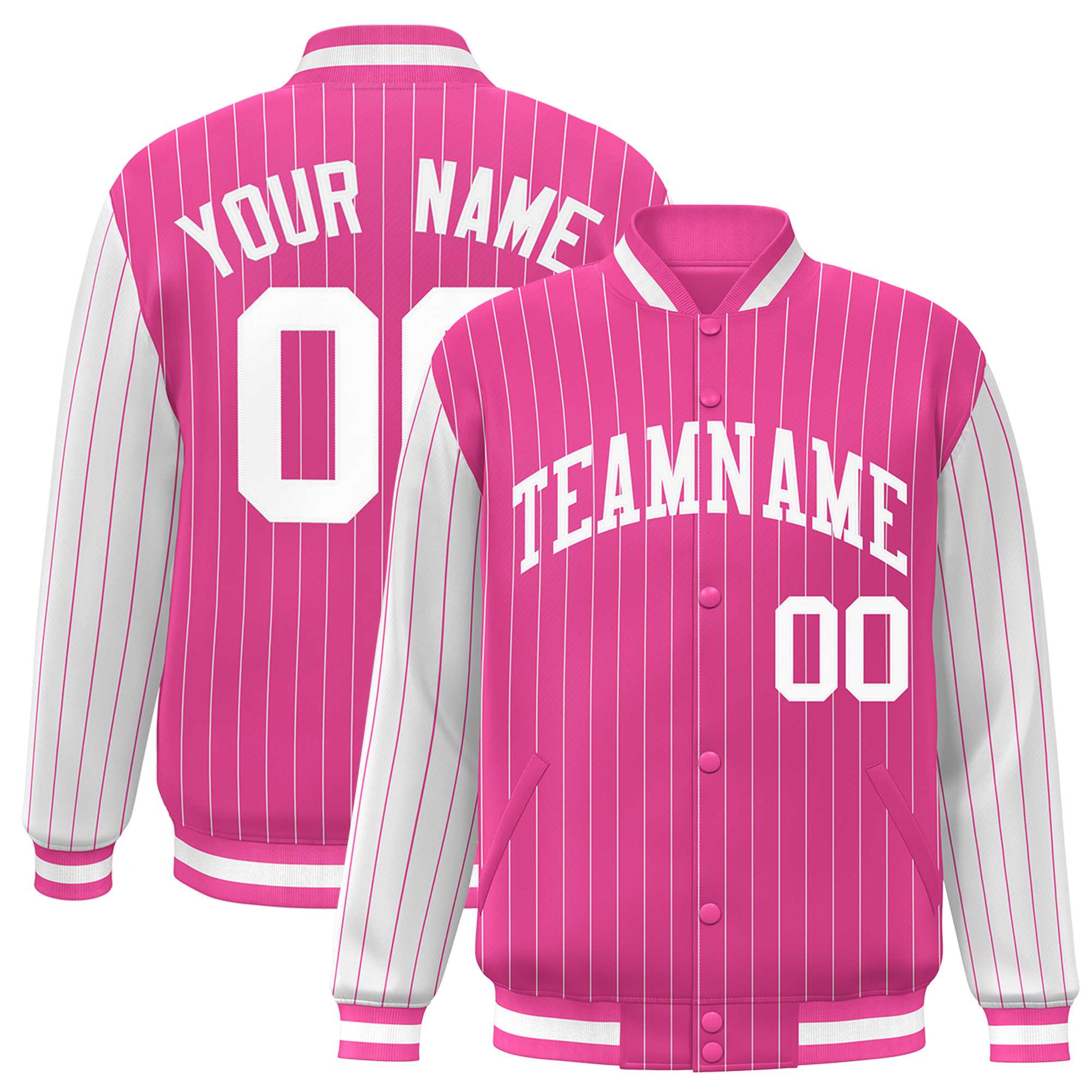 Custom Pink White Raglan Sleeves Varsity Full-Snap Pinstripe Letterman Baseball Jacket