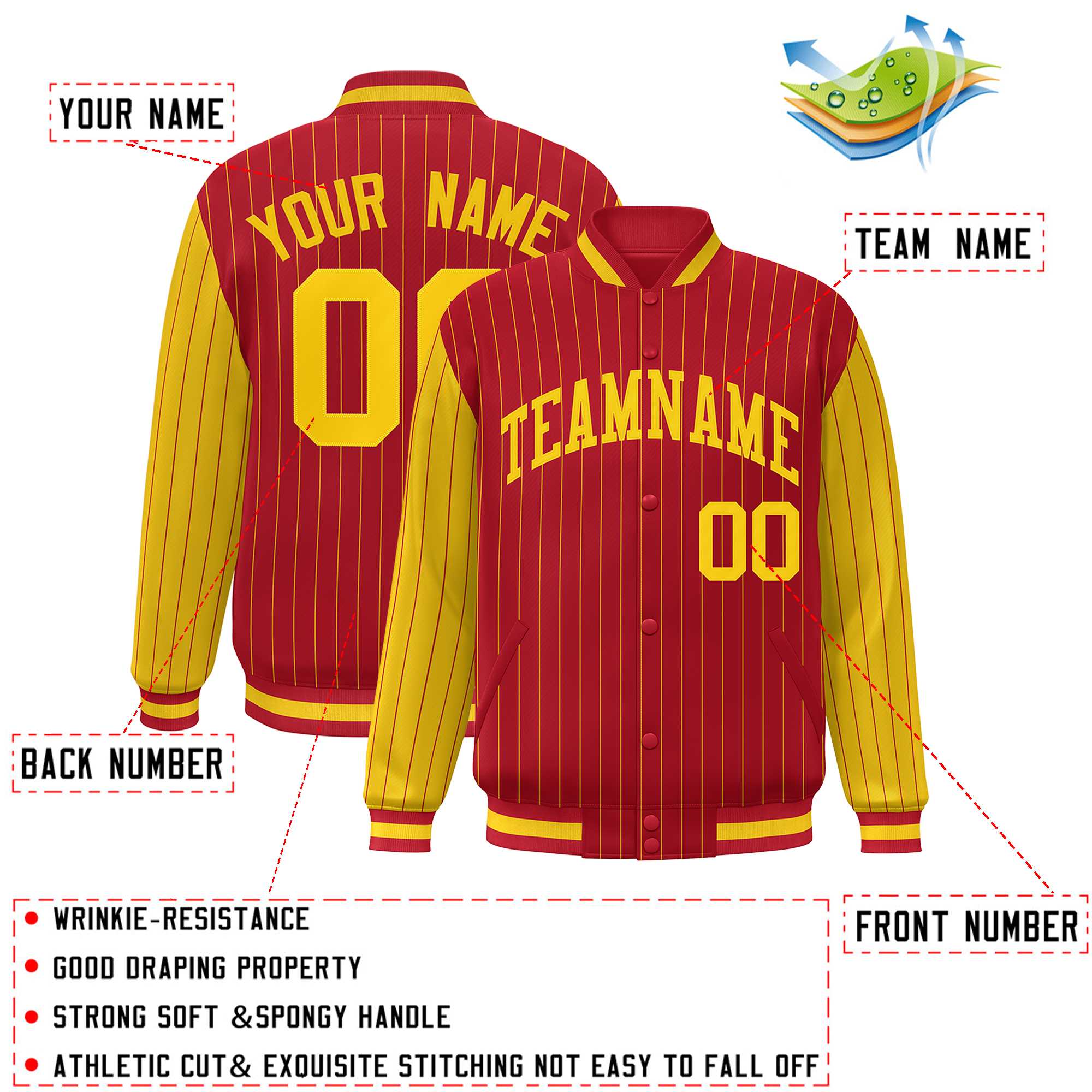 Custom Red Gold Raglan Sleeves Varsity Full-Snap Pinstripe Letterman Baseball Jacket