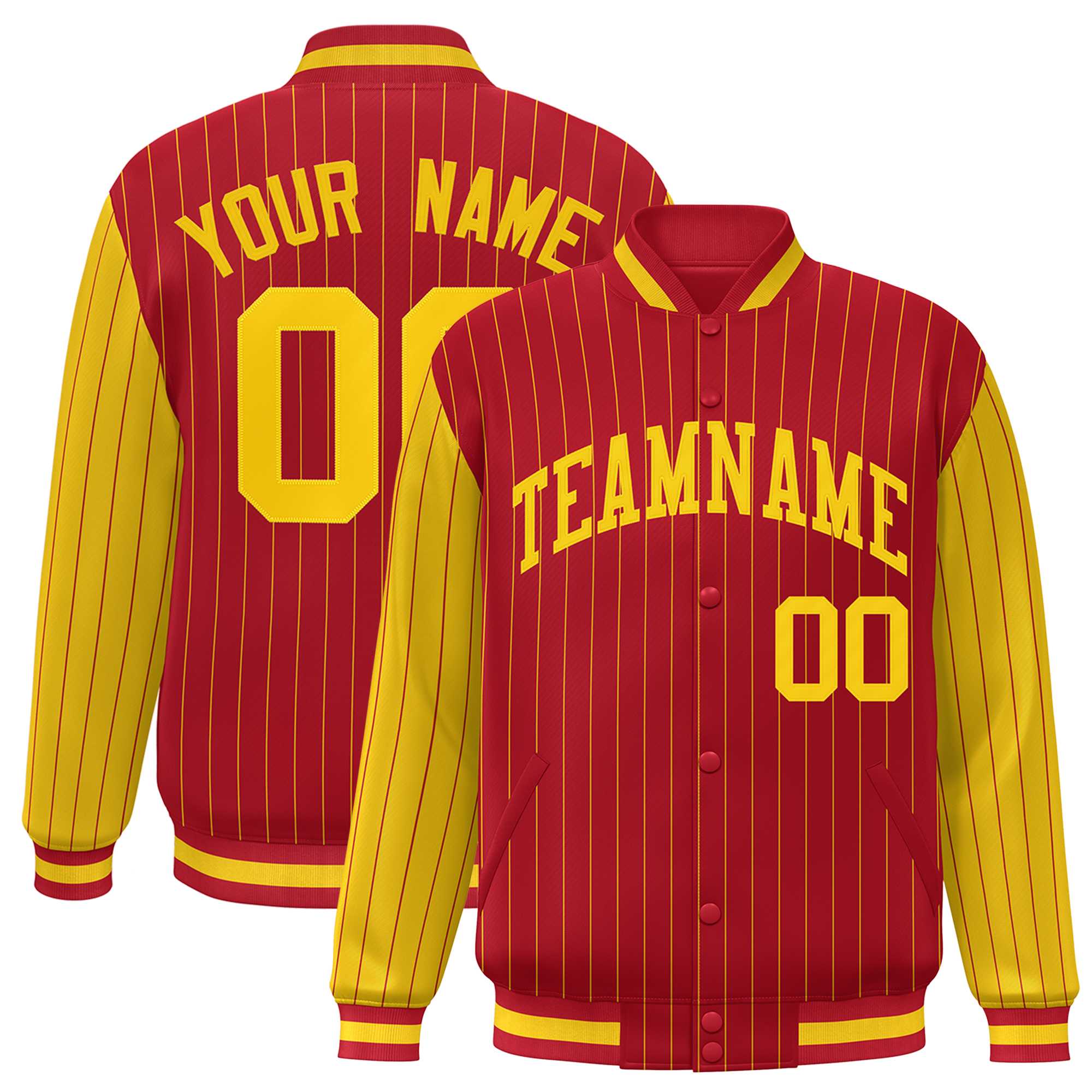 Custom Red Gold Raglan Sleeves Varsity Full-Snap Pinstripe Letterman Baseball Jacket