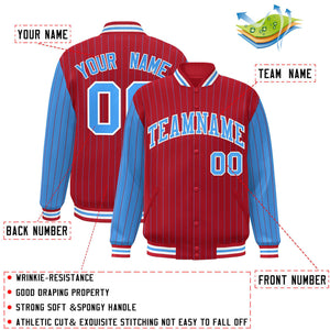 Custom Red Powder Blue Raglan Sleeves Varsity Full-Snap Pinstripe Letterman Baseball Jacket