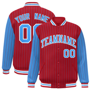 Custom Red Powder Blue Raglan Sleeves Varsity Full-Snap Pinstripe Letterman Baseball Jacket