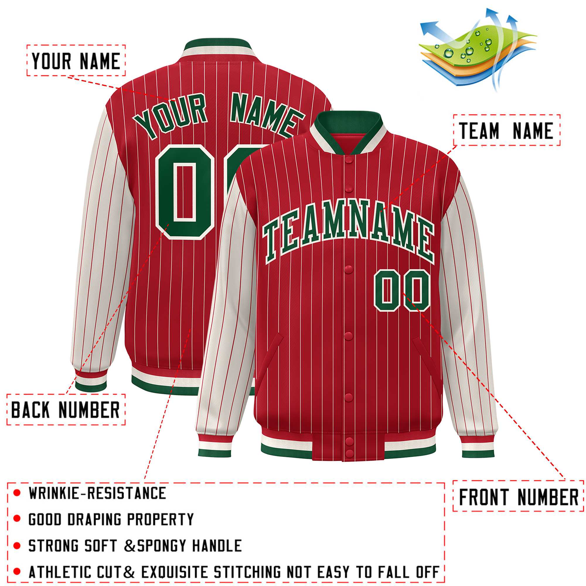 Custom Red Cream Raglan Sleeves Varsity Full-Snap Pinstripe Letterman Baseball Jacket