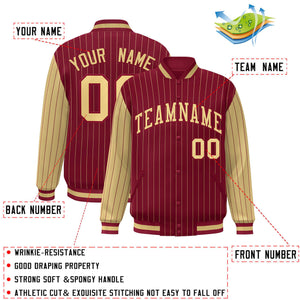 Custom Crimson Khaki Raglan Sleeves Varsity Full-Snap Pinstripe Letterman Baseball Jacket