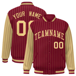 Custom Crimson Khaki Raglan Sleeves Varsity Full-Snap Pinstripe Letterman Baseball Jacket