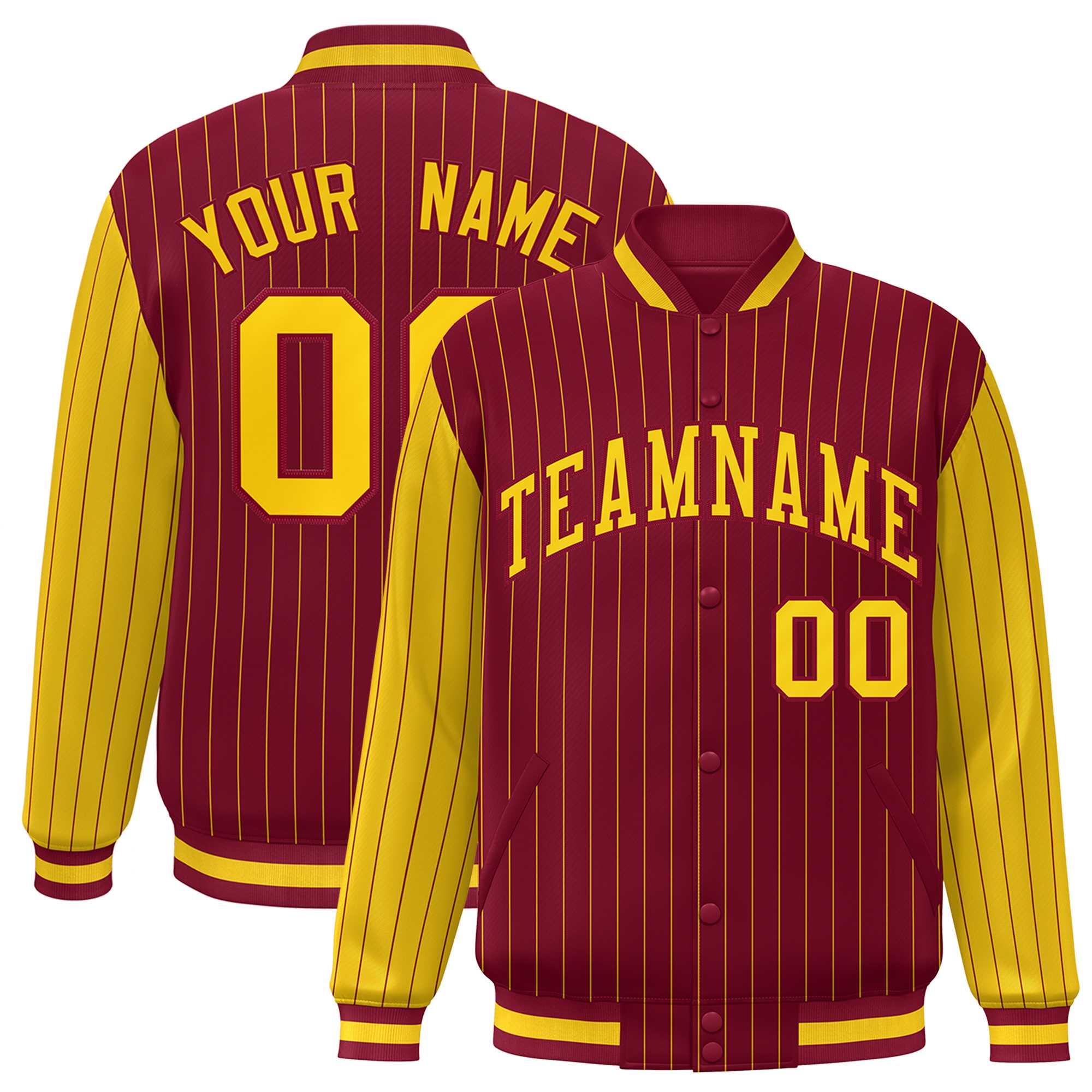 Custom Crimson Gold Raglan Sleeves Varsity Full-Snap Pinstripe Letterman Baseball Jacket