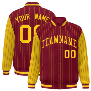 Custom Crimson Gold Raglan Sleeves Varsity Full-Snap Pinstripe Letterman Baseball Jacket