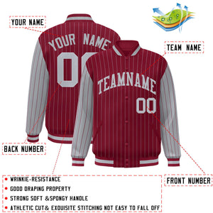 Custom Crimson Gray Raglan Sleeves Varsity Full-Snap Pinstripe Letterman Baseball Jacket