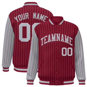 Custom Crimson Gray Raglan Sleeves Varsity Full-Snap Pinstripe Letterman Baseball Jacket