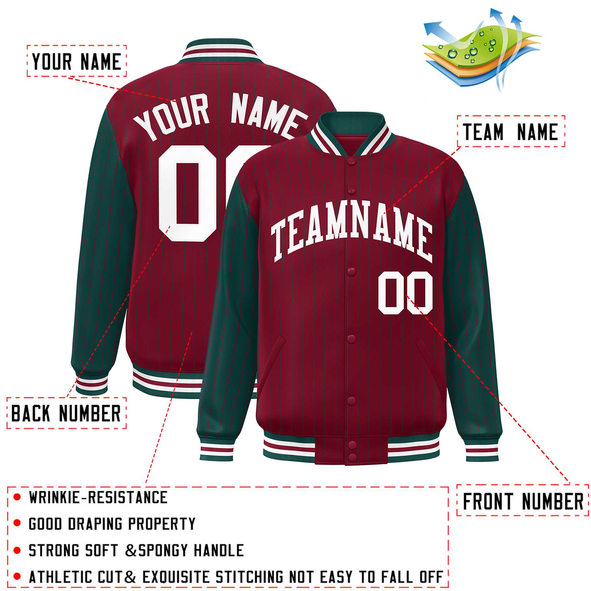 Custom Crimson Midnight Green Raglan Sleeves Varsity Full-Snap Pinstripe Letterman Baseball Jacket