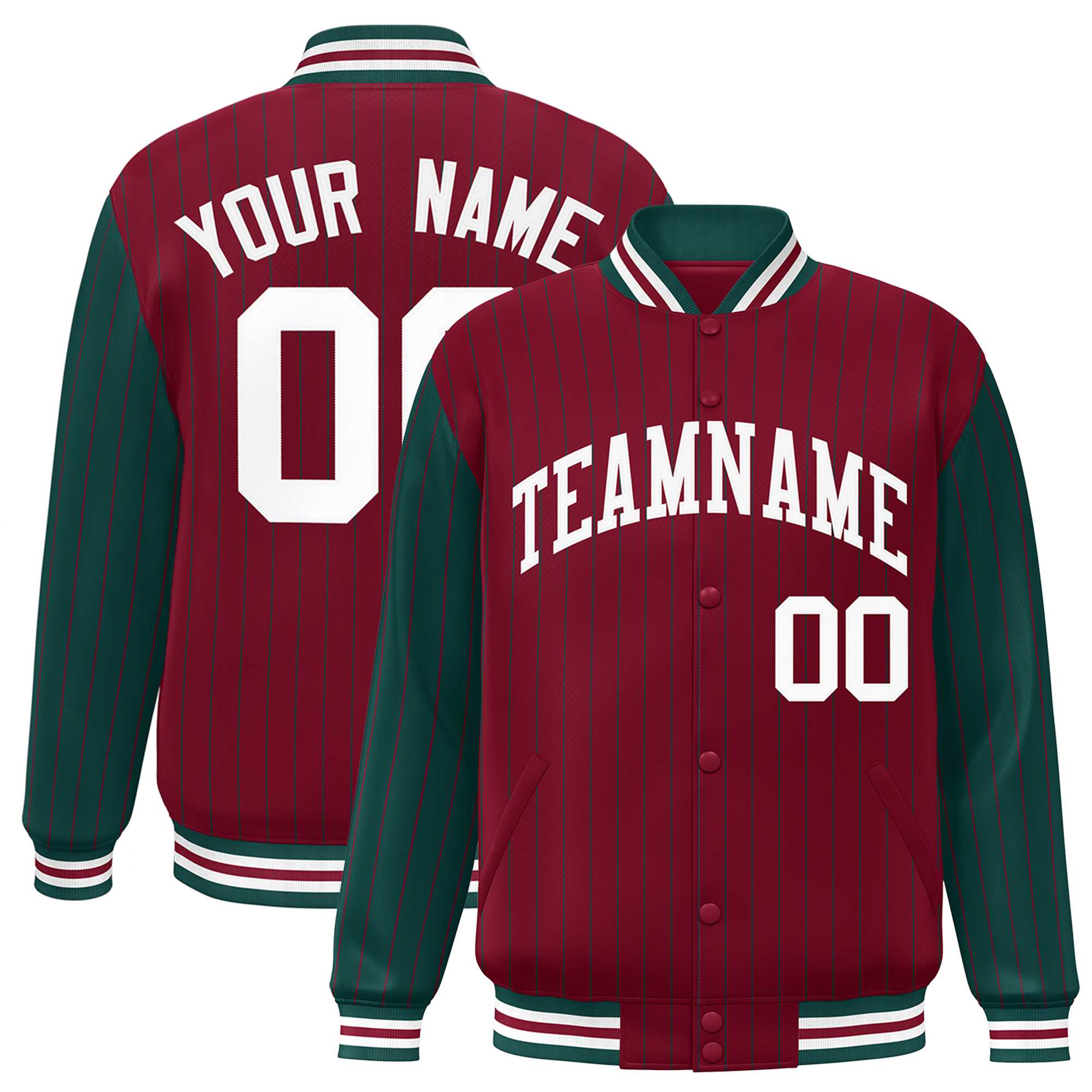 Custom Crimson Midnight Green Raglan Sleeves Varsity Full-Snap Pinstripe Letterman Baseball Jacket