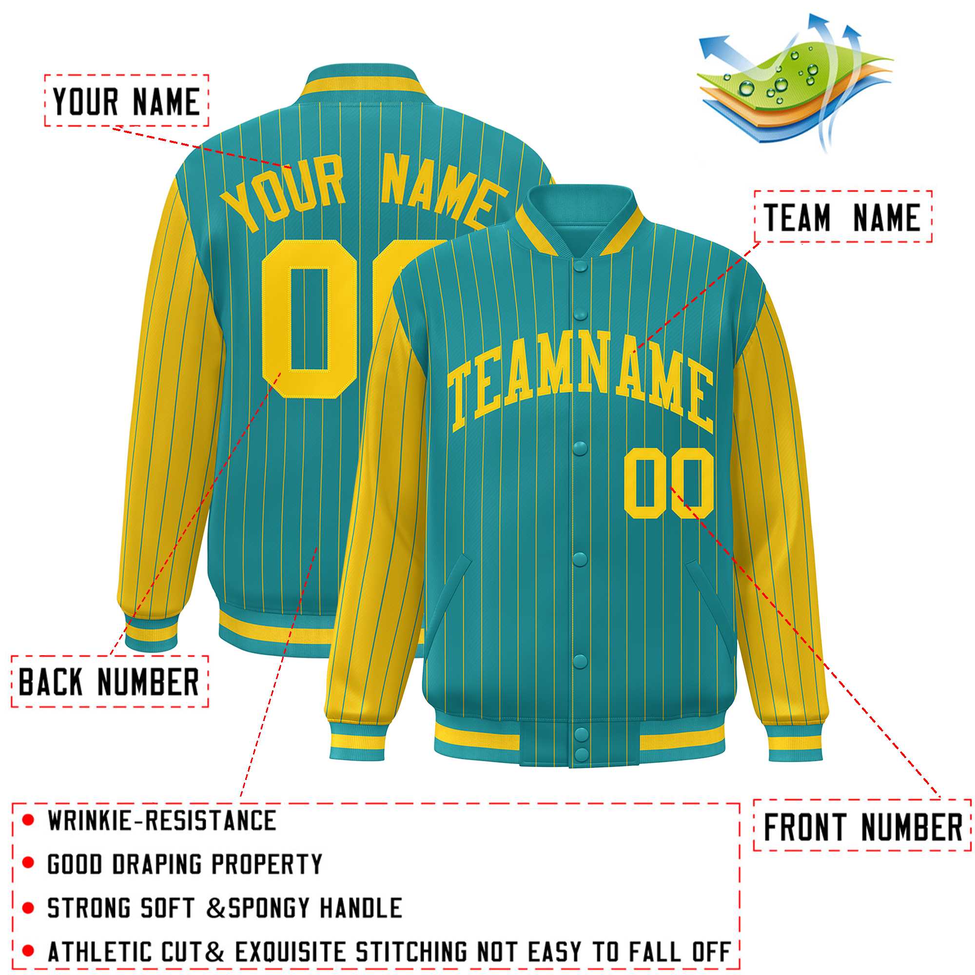 Custom Aqua Gold Raglan Sleeves Varsity Full-Snap Pinstripe Letterman Baseball Jacket