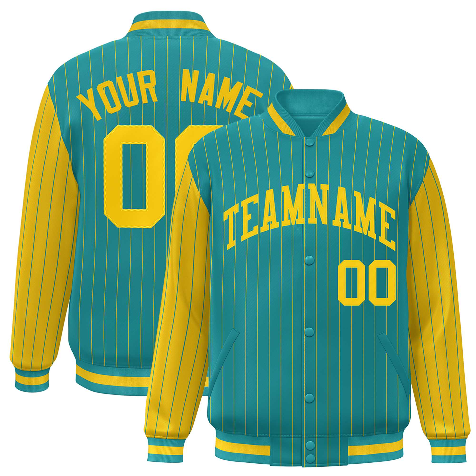 Custom Aqua Gold Raglan Sleeves Varsity Full-Snap Pinstripe Letterman Baseball Jacket