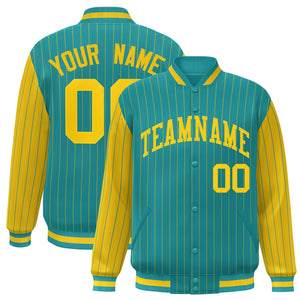 Custom Aqua Gold Raglan Sleeves Varsity Full-Snap Pinstripe Letterman Baseball Jacket