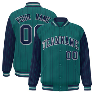 Custom Aqua Navy Raglan Sleeves Varsity Full-Snap Pinstripe Letterman Baseball Jacket