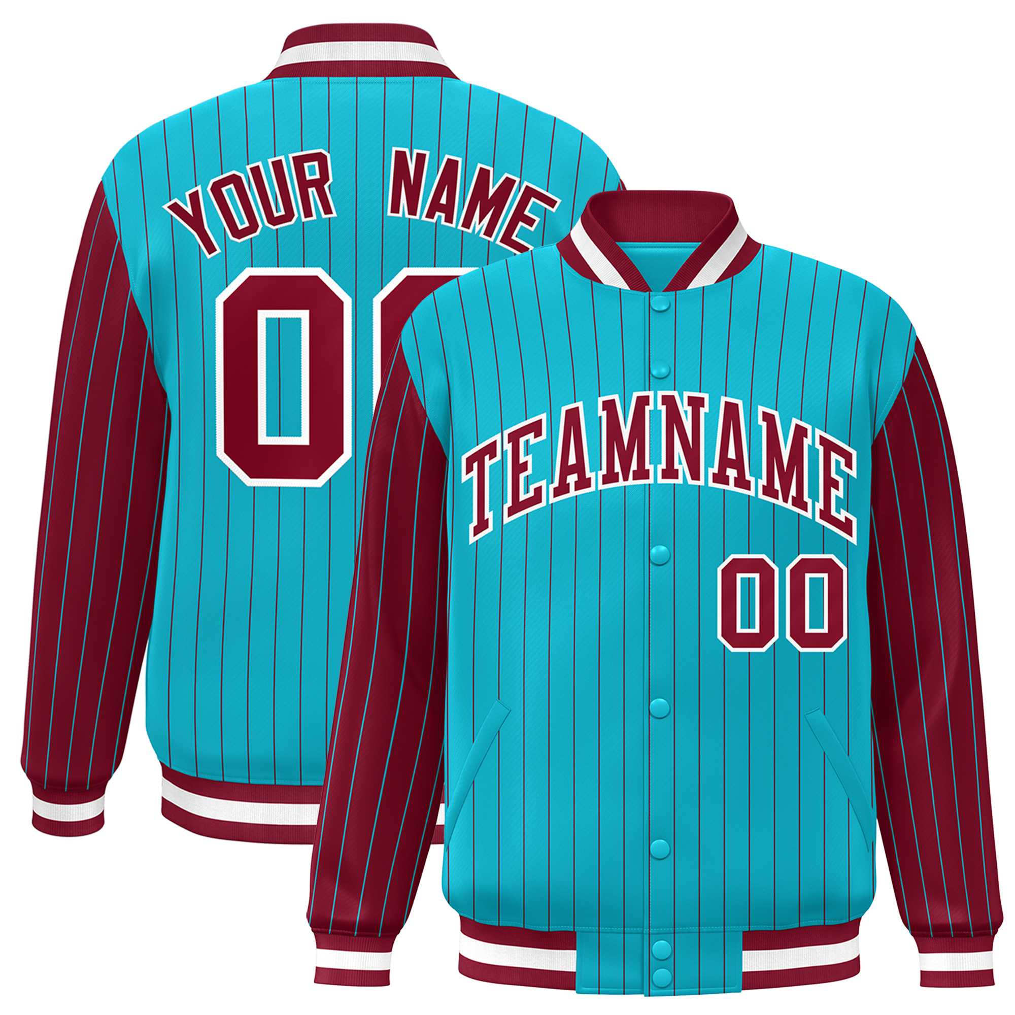 Custom Sky Blue Crimson Raglan Sleeves Varsity Full-Snap Pinstripe Letterman Baseball Jacket