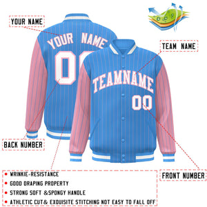 Custom Powder Blue Light Pink Raglan Sleeves Varsity Full-Snap Pinstripe Letterman Baseball Jacket