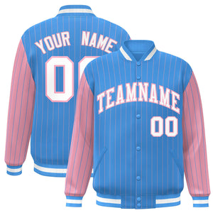 Custom Powder Blue Light Pink Raglan Sleeves Varsity Full-Snap Pinstripe Letterman Baseball Jacket