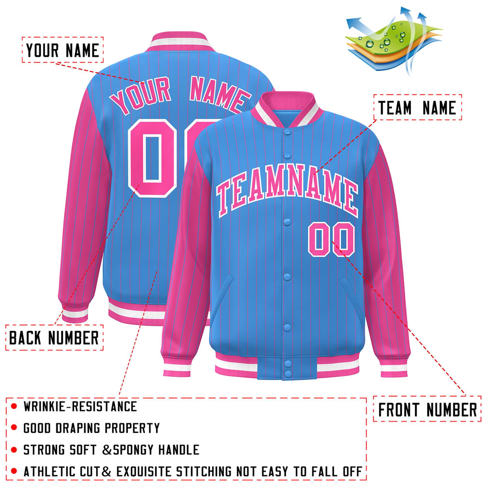 Custom Powder Blue Pink Raglan Sleeves Varsity Full-Snap Pinstripe Letterman Baseball Jacket