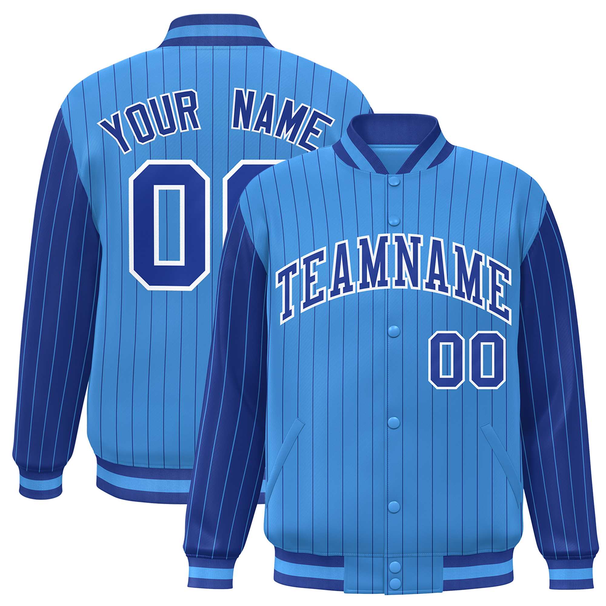 Custom Powder Blue Royal Raglan Sleeves Varsity Full-Snap Pinstripe Letterman Baseball Jacket