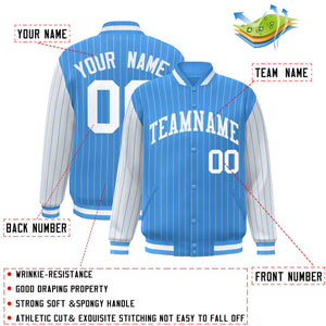 Custom Powder Blue White Raglan Sleeves Varsity Full-Snap Pinstripe Letterman Baseball Jacket