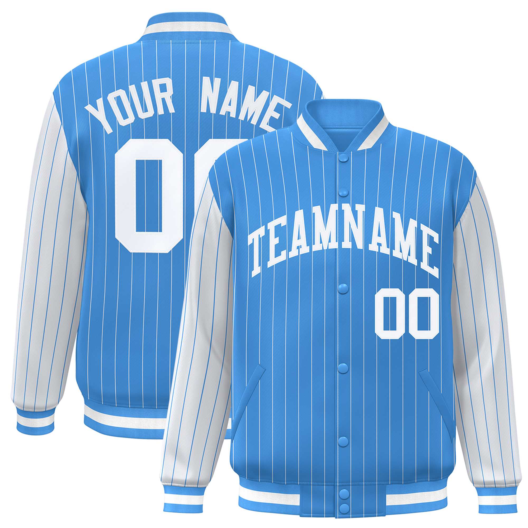 Custom Powder Blue White Raglan Sleeves Varsity Full-Snap Pinstripe Letterman Baseball Jacket