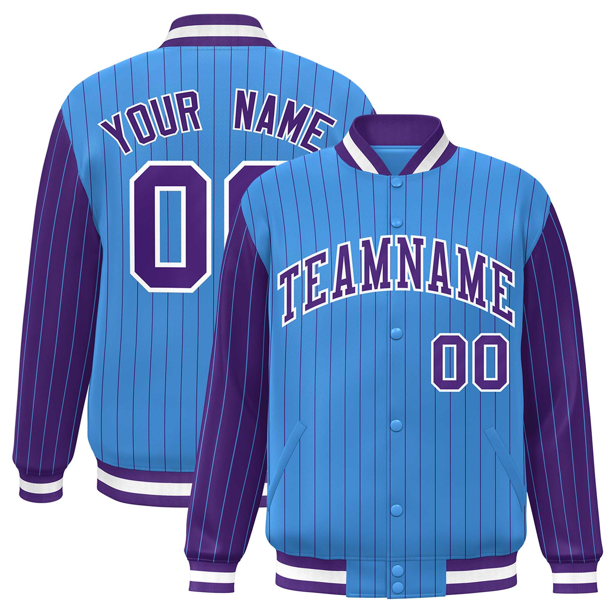 Custom Powder Blue Purple Raglan Sleeves Varsity Full-Snap Pinstripe Letterman Baseball Jacket