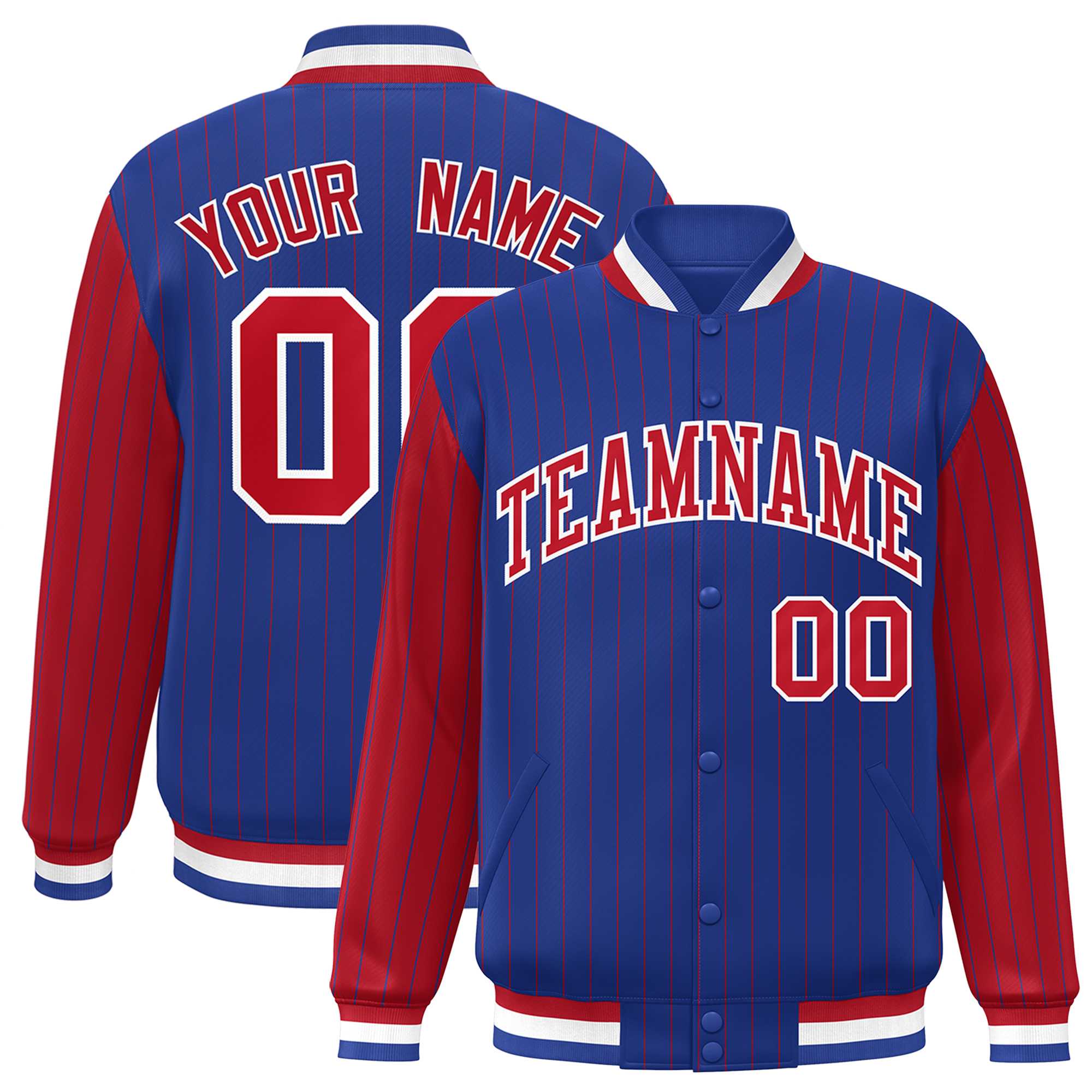 Custom Royal Red Raglan Sleeves Varsity Full-Snap Pinstripe Letterman Baseball Jacket