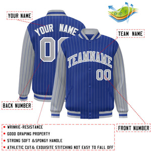 Custom Royal Gray Raglan Sleeves Varsity Full-Snap Pinstripe Letterman Baseball Jacket