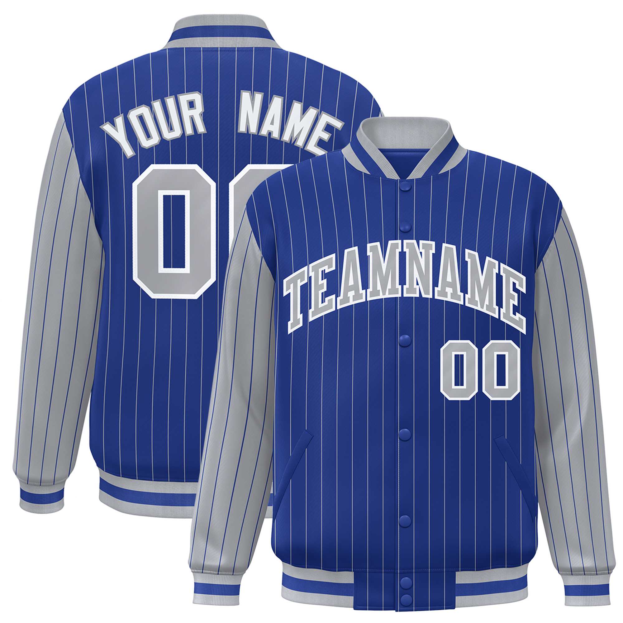 Custom Royal Gray Raglan Sleeves Varsity Full-Snap Pinstripe Letterman Baseball Jacket