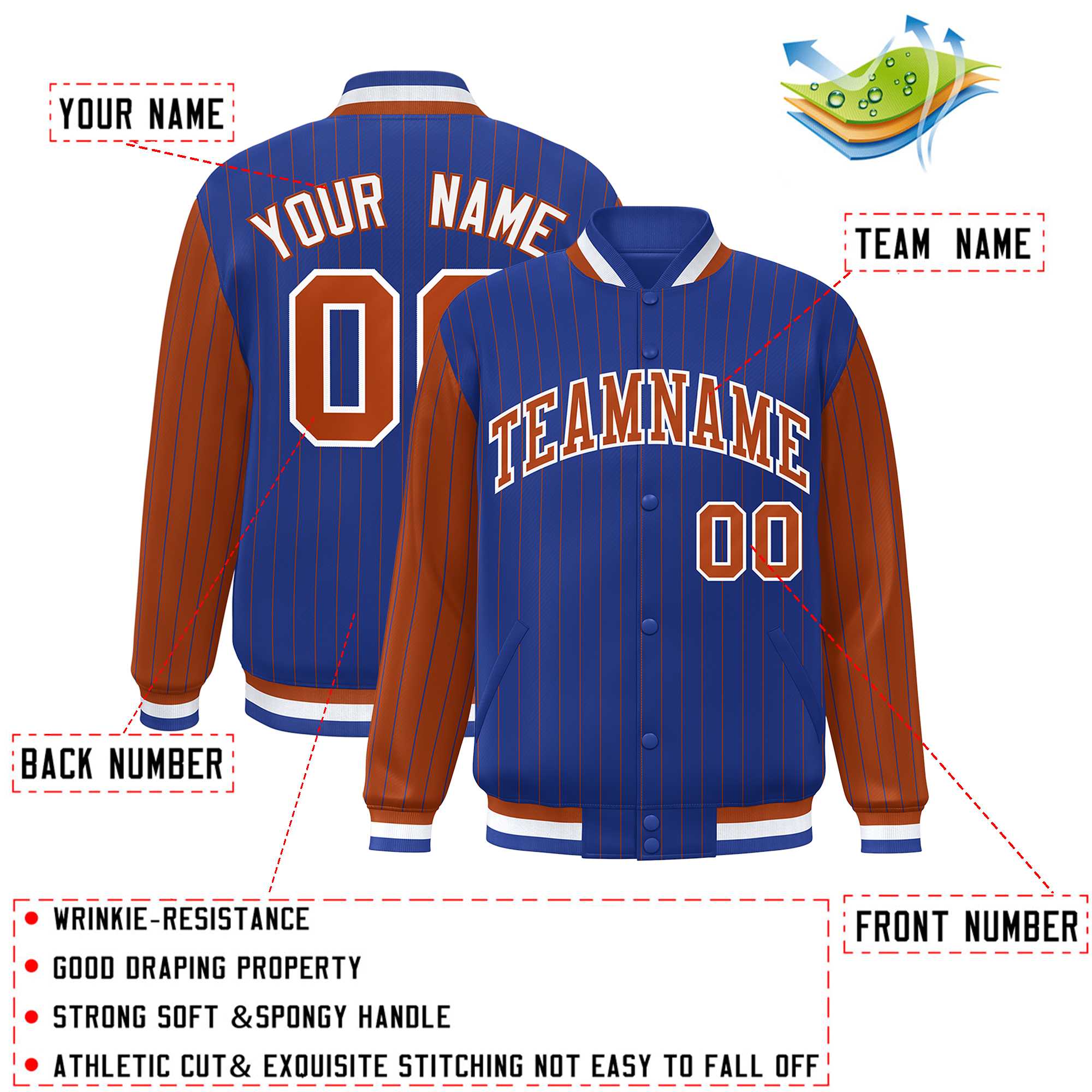 Custom Royal Texas Orange Raglan Sleeves Varsity Full-Snap Pinstripe Letterman Baseball Jacket