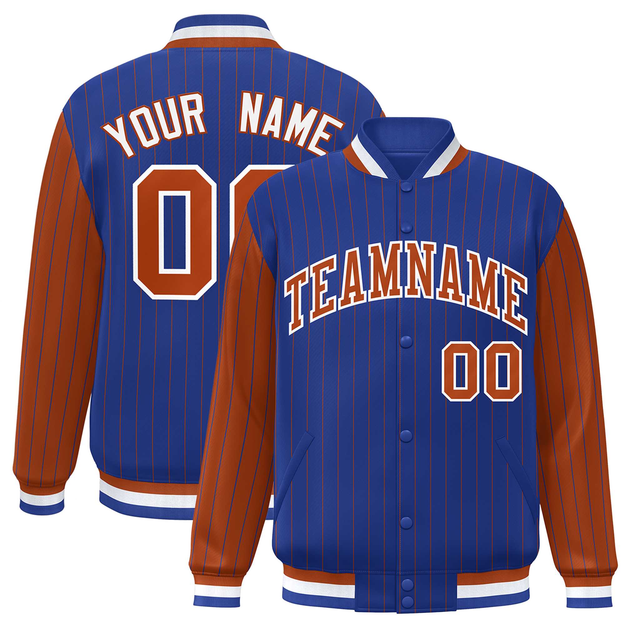 Custom Royal Texas Orange Raglan Sleeves Varsity Full-Snap Pinstripe Letterman Baseball Jacket