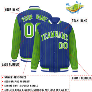 Custom Royal Green Raglan Sleeves Varsity Full-Snap Pinstripe Letterman Baseball Jacket