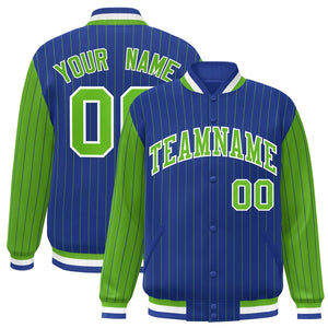 Custom Royal Green Raglan Sleeves Varsity Full-Snap Pinstripe Letterman Baseball Jacket