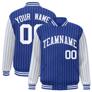 Custom Royal White Raglan Sleeves Varsity Full-Snap Pinstripe Letterman Baseball Jacket